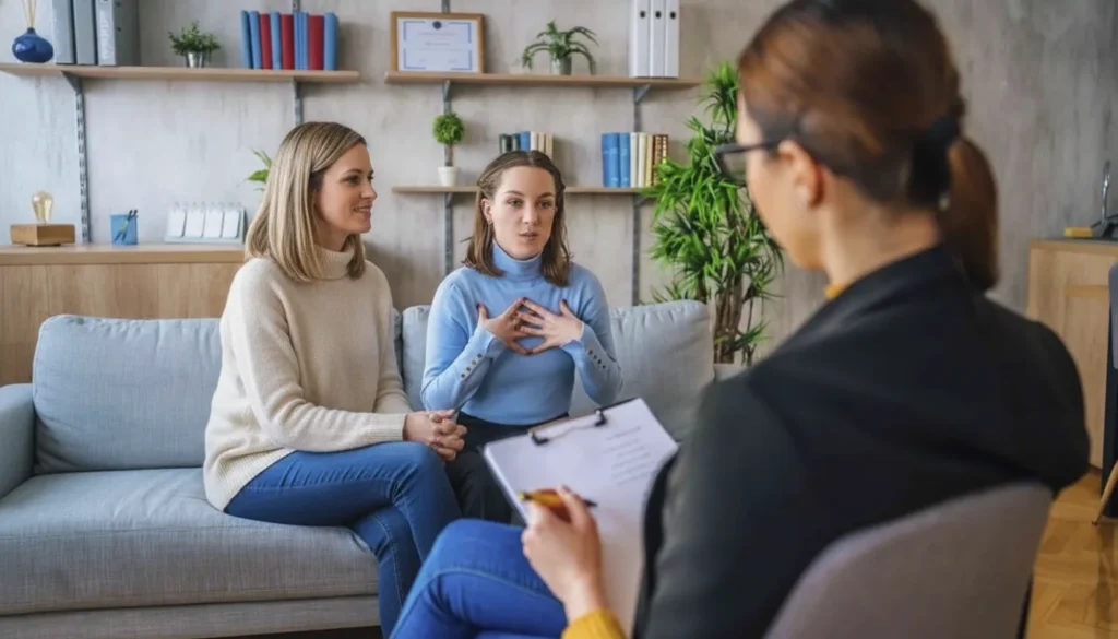 Parent and child speaking with a behavioral health clinician in a calm office