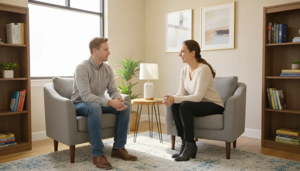 Clinician speaking with a patient in a calm behavioral health office