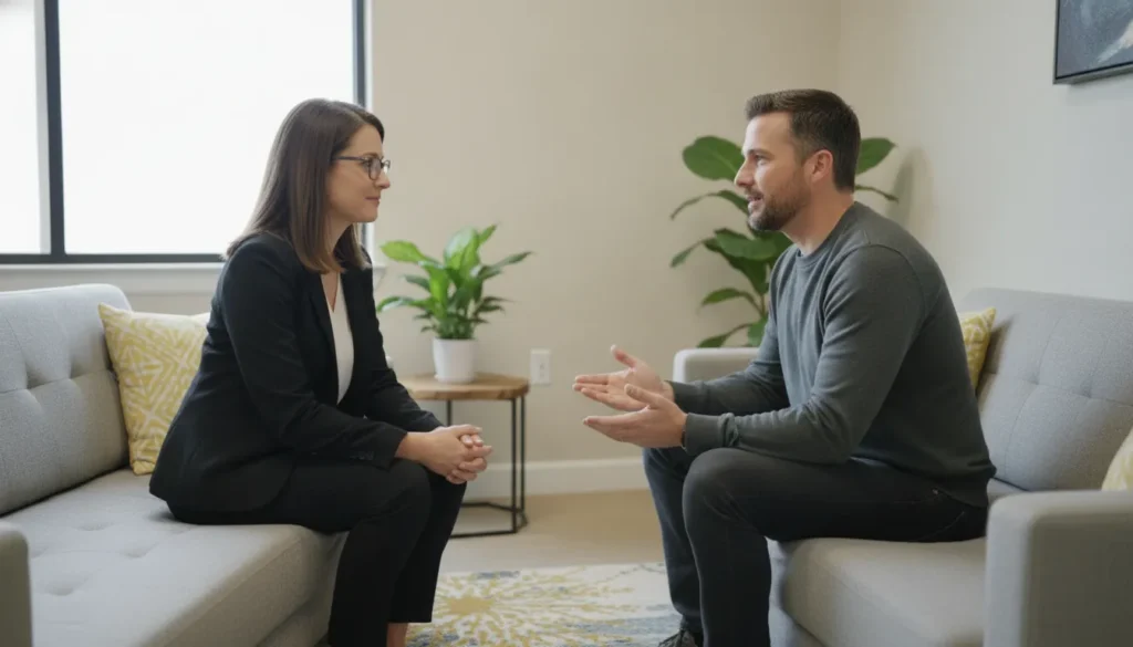 Compassionate clinician speaking with a patient in a welcoming behavioral health clinic
