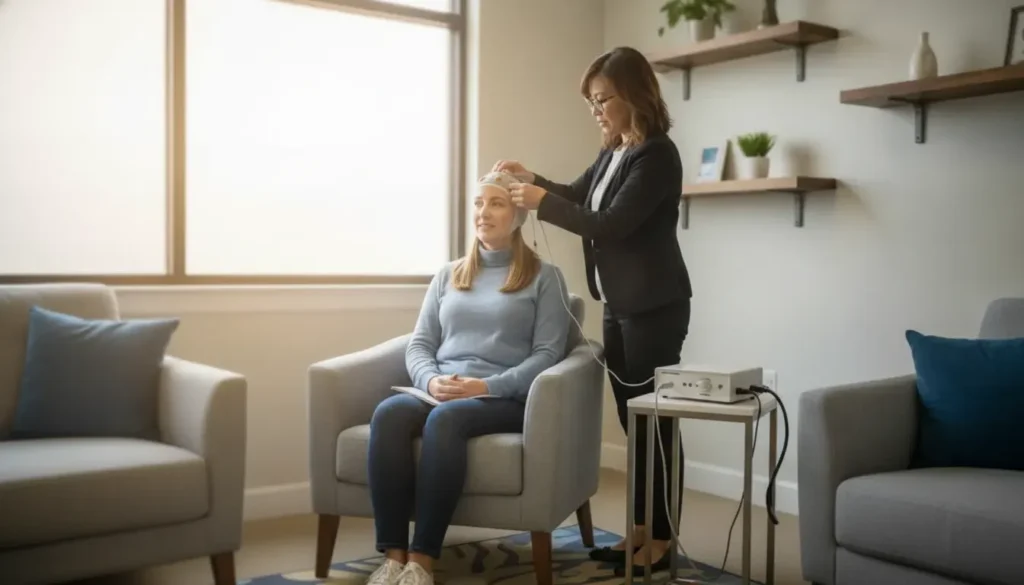 Clinician positioning a QEEG sensor cap on a relaxed patient in a behavioral health clinic