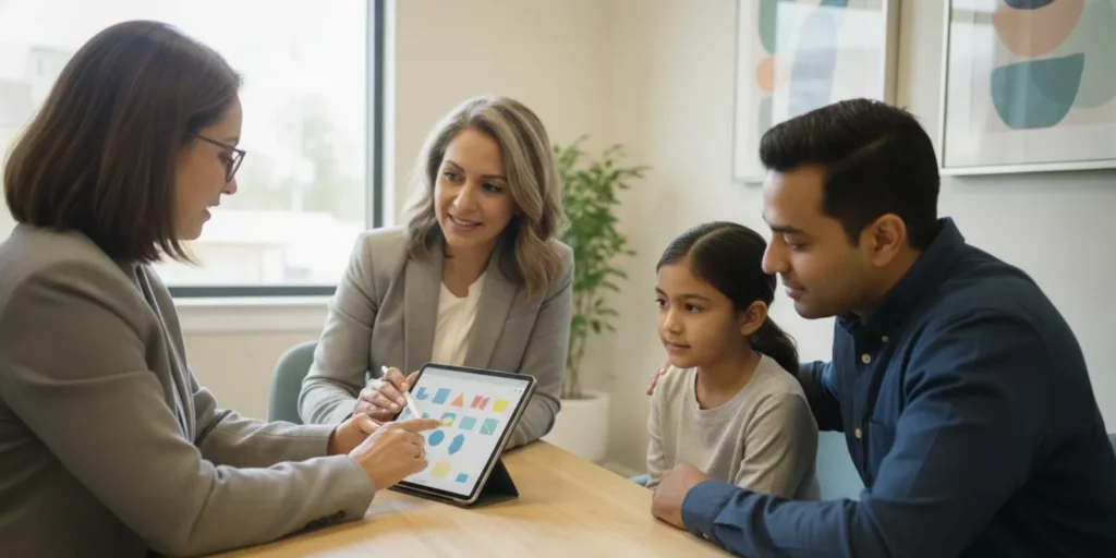 Parent and school-age child talking with a clinician in a calm office