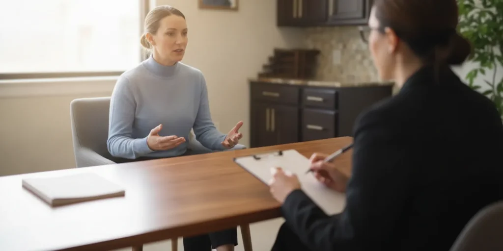 Adult speaking with a clinician during a discussion about ADHD care