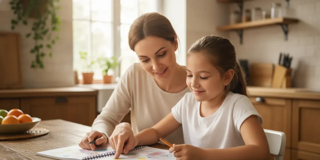 A parent and school-age child talking together at a table with a notebook