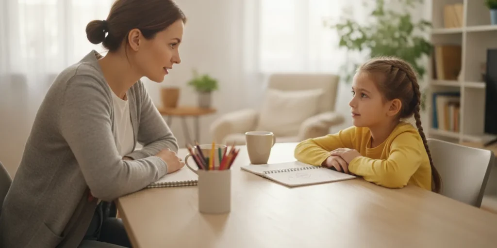 Parent and school-age child discussing a notebook at a bright home table