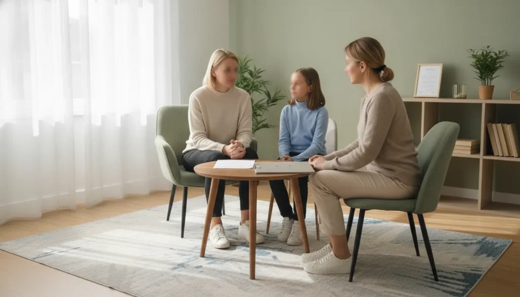 A parent and child meeting with a clinician in a calm consultation room
