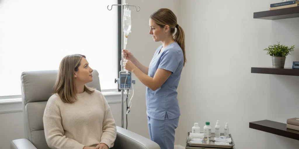 A healthcare professional prepares an IV infusion in a calm clinical treatment room.