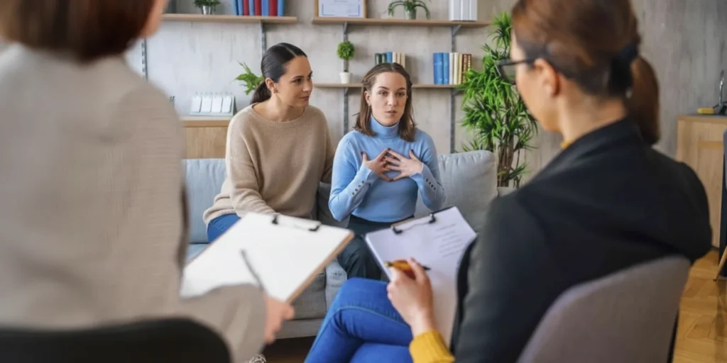 A parent and adolescent speaking with a counselor in a calm, private room