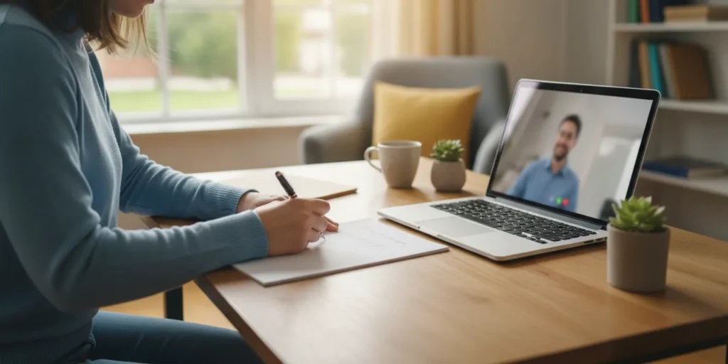 Adult preparing notes for a virtual mental health appointment at home