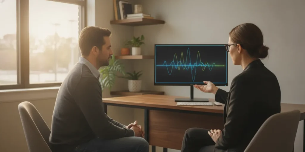 A clinician reviews a brainwave display with an adult patient during a neurofeedback consultation.
