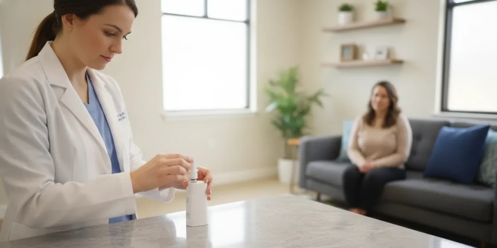 Clinician preparing a nasal spray treatment in a calm medical office